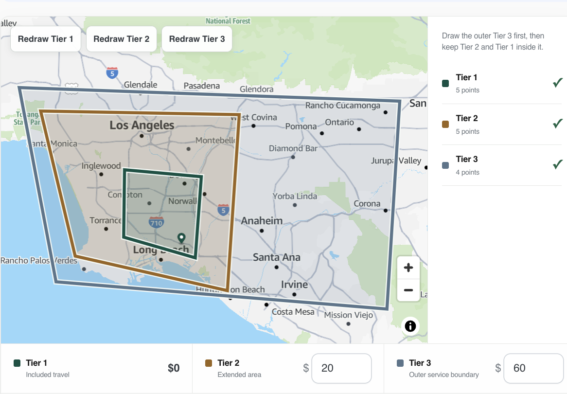 Care En Route service-area setup showing three nested travel zones around Los Angeles, with Tier 1 travel included and example fees of $20 and $60 for the outer tiers.